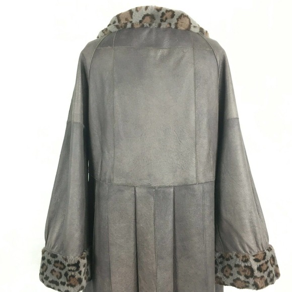 Grandi Coat Womens Sz M Italy Gray Leather Leopard Faux‎ Fur Reversible Trench - Picture 7 of 11